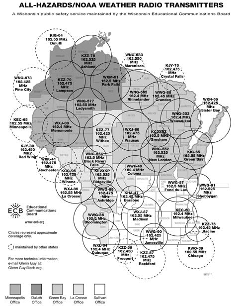 Map of all-hazards/NOAA weather radio transmitter locations in Wisconsin. The map illustrates that the transmitters cover virtually all of the State of Wisconsin. For more technical information, email Glenn Guy at Glenn.Guy@ecb.org.